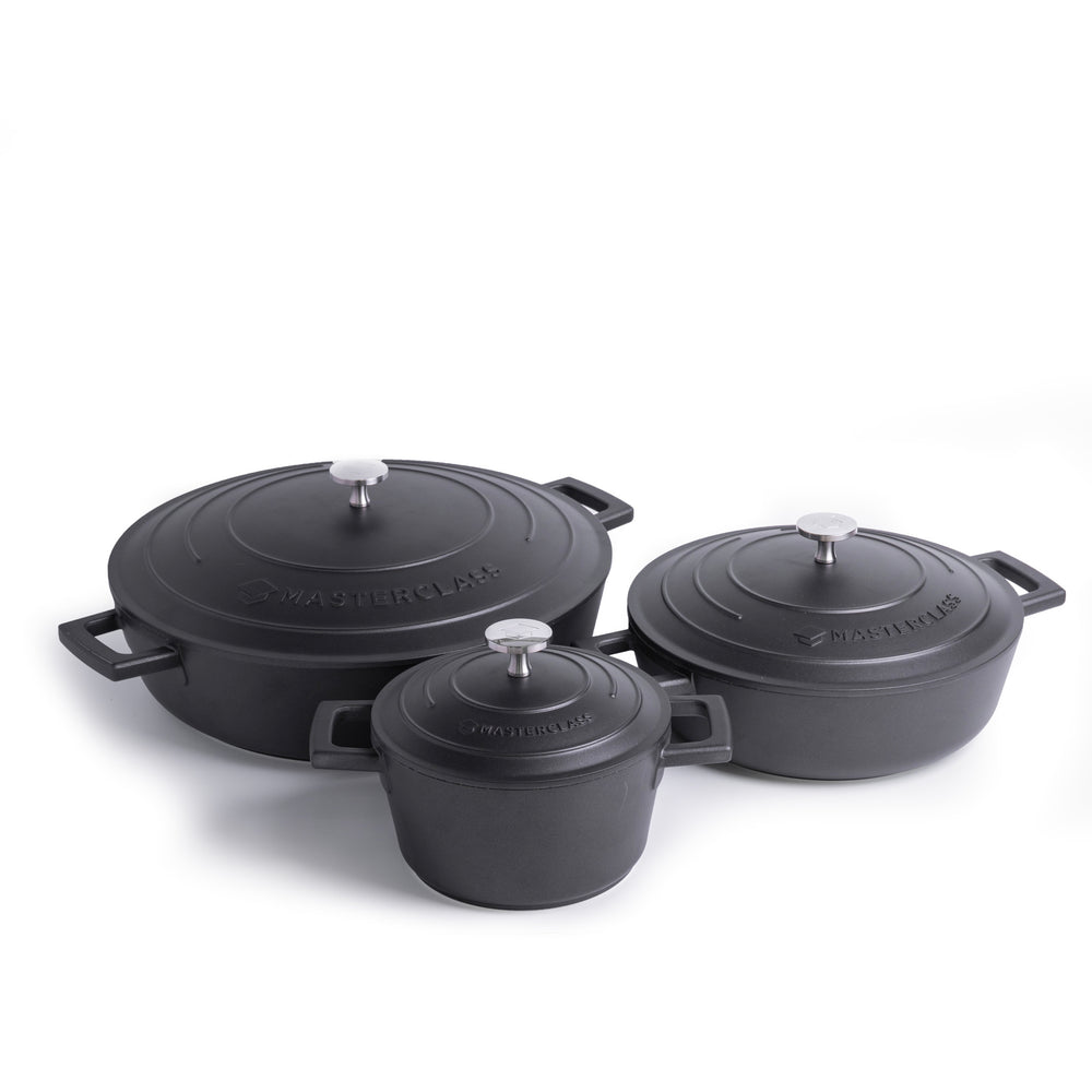 MasterClass 3pc Cast Aluminium Casserole Dish Set with 2.5L and 5L Shallow Casserole Dishes and 1.4L Casserole Dish, Black image 1