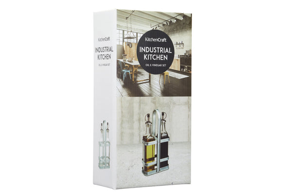 Industrial Kitchen Vintage-Style Glass Oil and Vinegar Cruet Set with Galvanised Steel Holder image 4