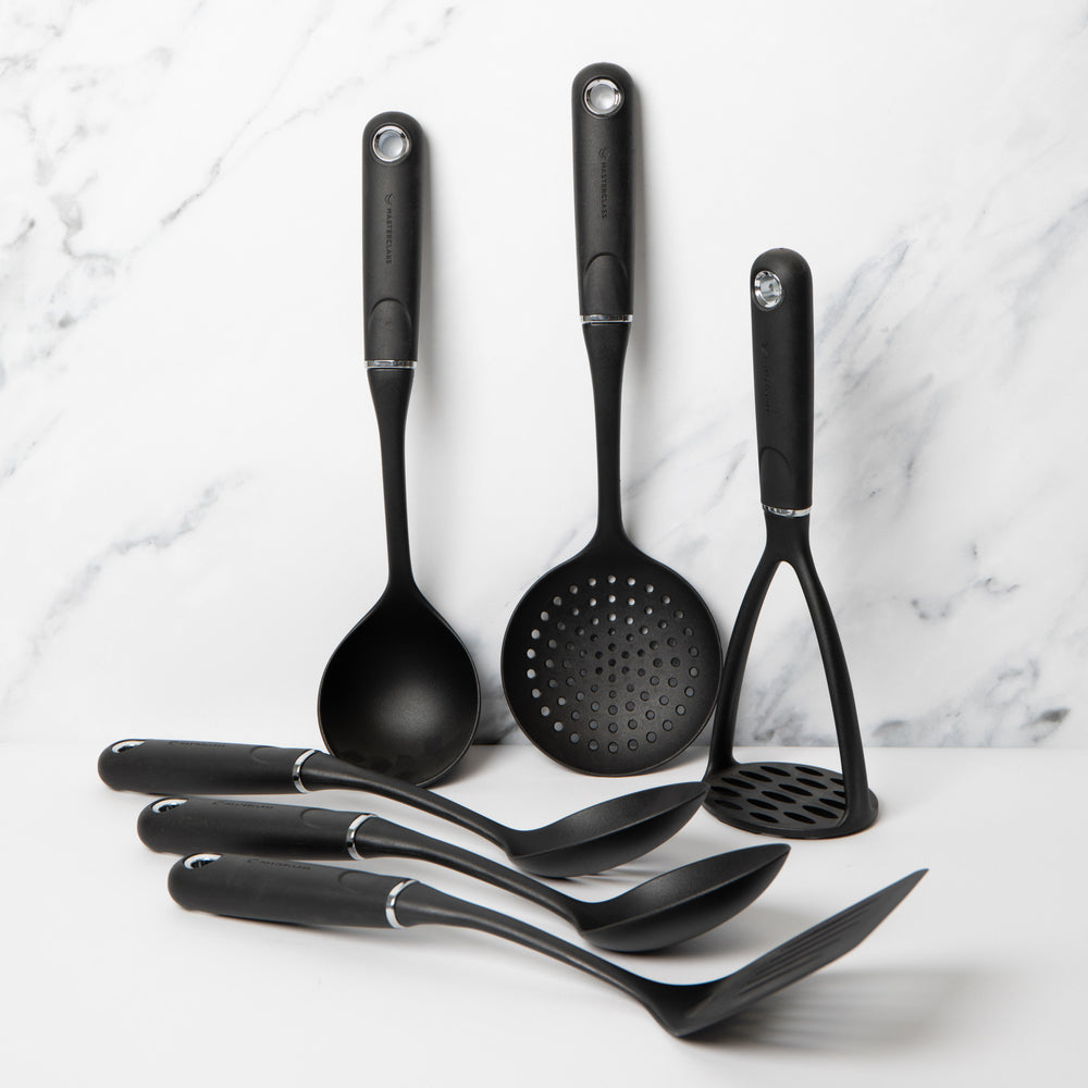 6pc Non-Slip Nylon Kitchen Utensil Set with Skimmer, Ladle, Slotted Spoon, Masher, Cooking Spoon and Slotted Turner