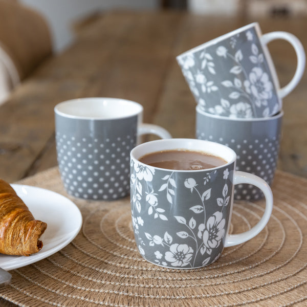 KitchenCraft Grey Floral / Polka Dot Mugs - Set of 4 image 6