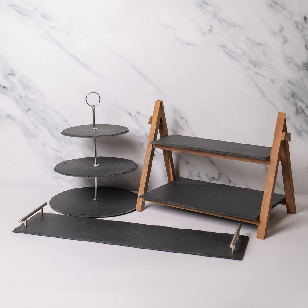3pc Slate Serveware Set with 3-Tier Serving Stand, Platter and 2-Tier Slate & Wood Serving Stand