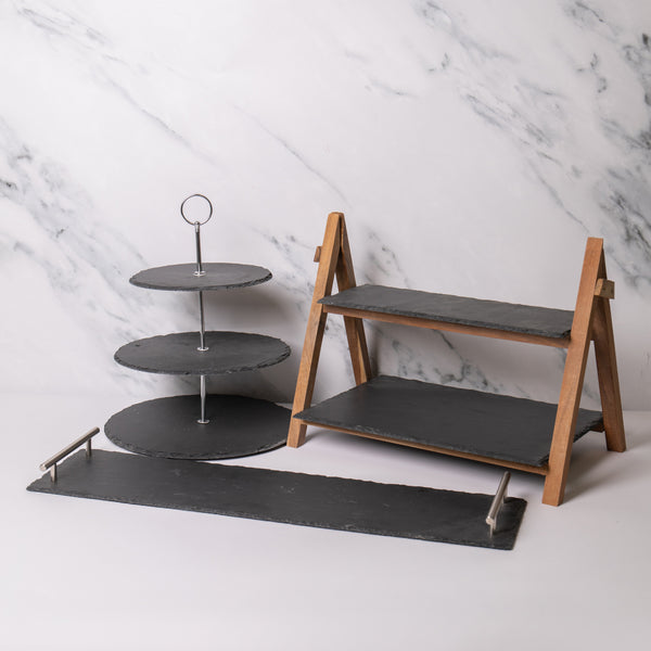 3pc Slate Serveware Set with 3-Tier Serving Stand, Platter and 2-Tier Slate & Wood Serving Stand image 2