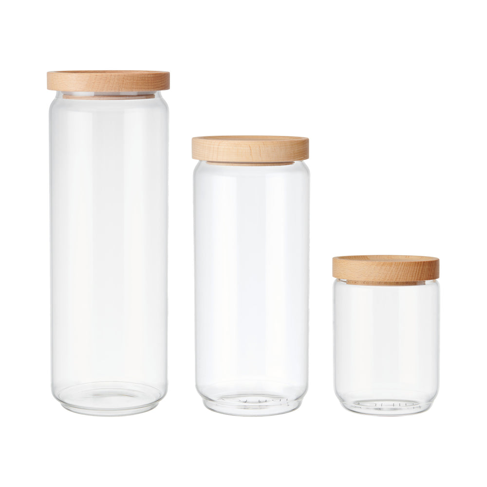 Idilica 3pc Glass Storage Jar Set with Beechwood Lid image 1