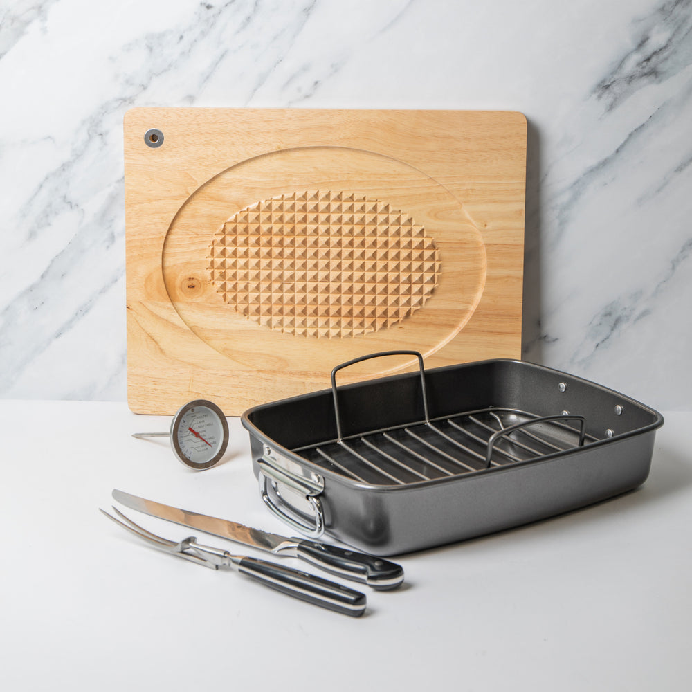 5pc Roasting Set with Roasting Tin & Rack, Stainless Steel Thermometer, Carving Fork & Carving Knife and Wooden Carving Board
