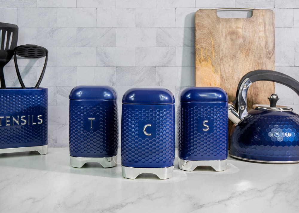 Lovello Retro Tea Canister with Geometric Textured Finish - Midnight Navy