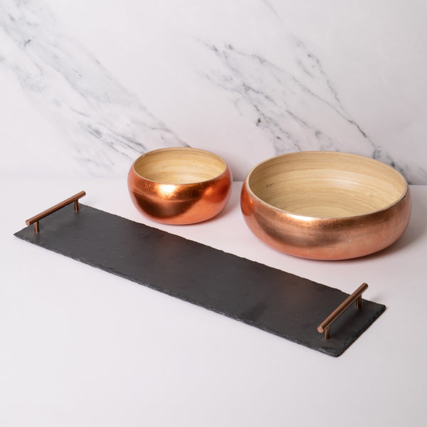 3pc Serveware Set with Medium and Large Bamboo Serving Bowls and Slate Serving Platter with Copper Handles image 3