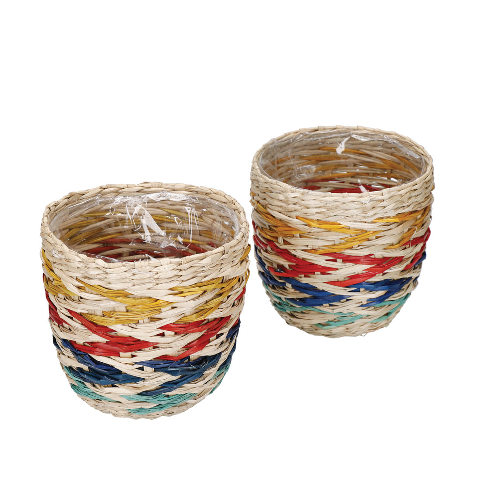 KitchenCraft Seagrass Plant Baskets, Set of 2, Rainbow Striped Design