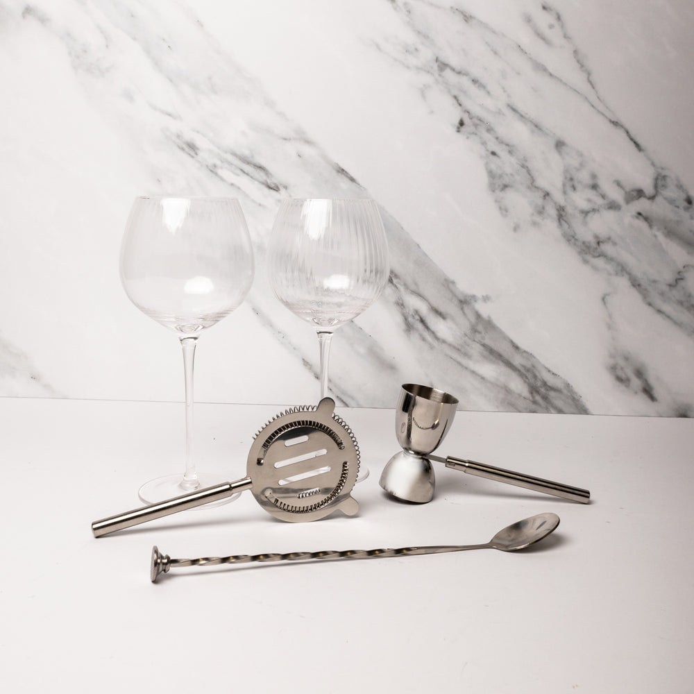 5pc Barware Set with 2x Handmade Gin Glasses, Stainless Steel Mixing Spoon, Strainer and Double Jigger