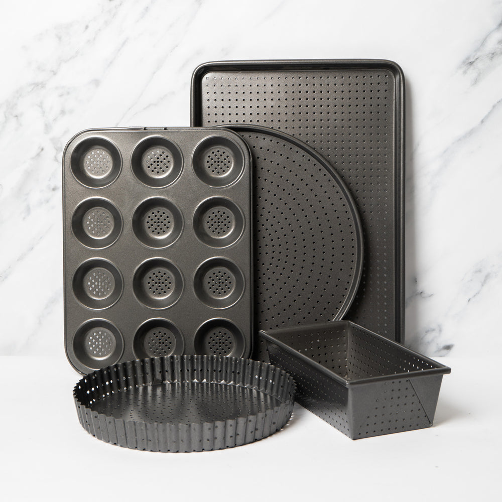 5pc Crusty Bake Non-Stick Bakeware Set with 25cm Quiche Tin, 32cm Pizza Crisper, 12-hole Yorkshire Pudding Tray, 2lb Loaf Pan and 32cm Baking Tray