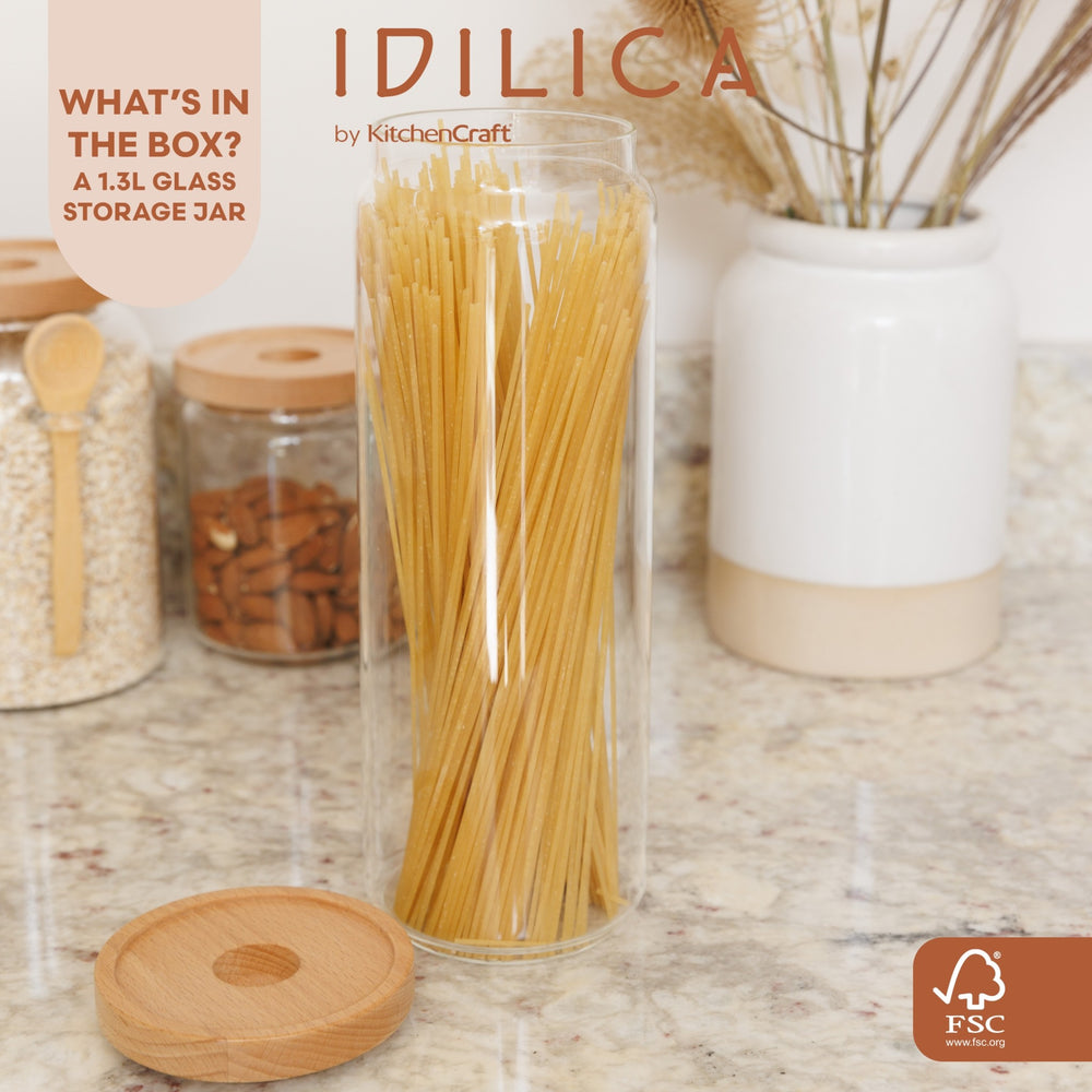 KitchenCraft Idilica Glass Storage Jar with Beechwood Lid, 1300ml