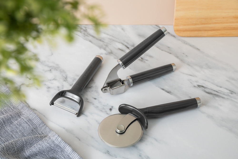 KitchenAid 3pc Kitchen Soft Grip Tool Set with Garlic Press, Pizza Wheel and Y-Peeler, Charcoal Grey