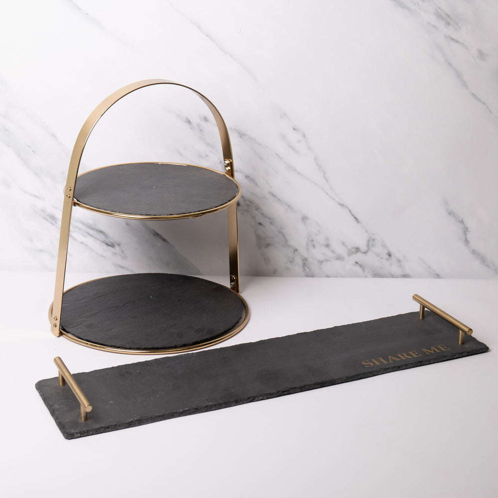 2pc Cake Serving Set with Slate & Brass Cake Stand and Slate Serving Platter with Brass Handles