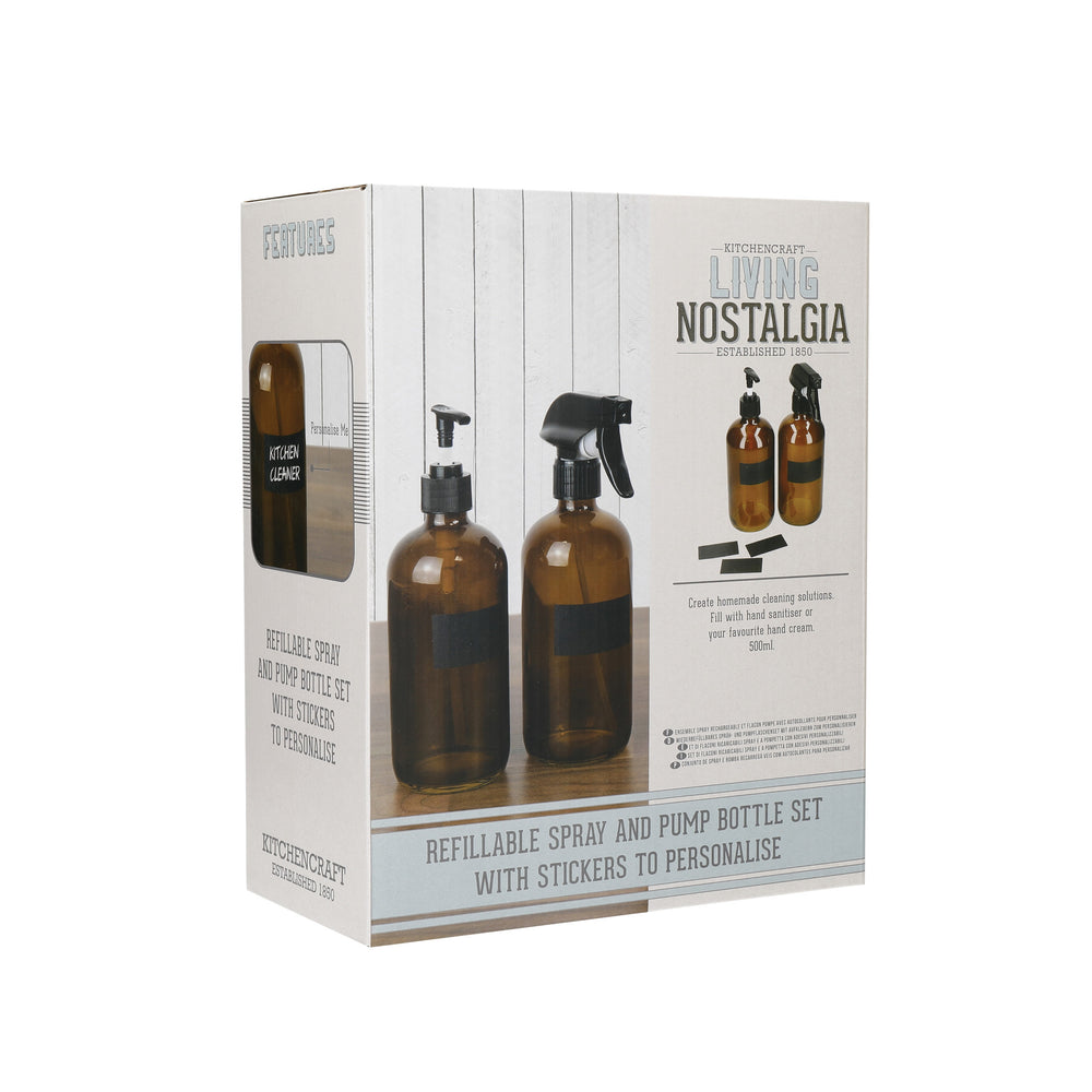 KitchenCraft Living Nostalgia Pump &Spray Bottle Set, Glass, Amber