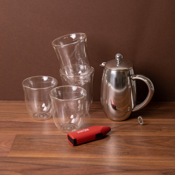 6pc Coffee Set with 3-Cup Stainless Steel French Press, 2x Latte Glasses, 2x Cappuccino Cups and Red Battery Milk Frother image 2