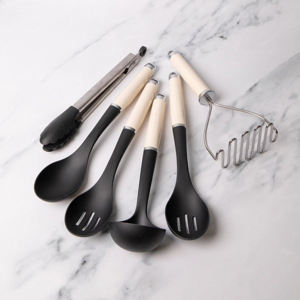 5pc Almond Cream Silicone Utensil Set with Basting Spoon, Slotted Spoon, Ladle, Wire Masher & Tongs image 2