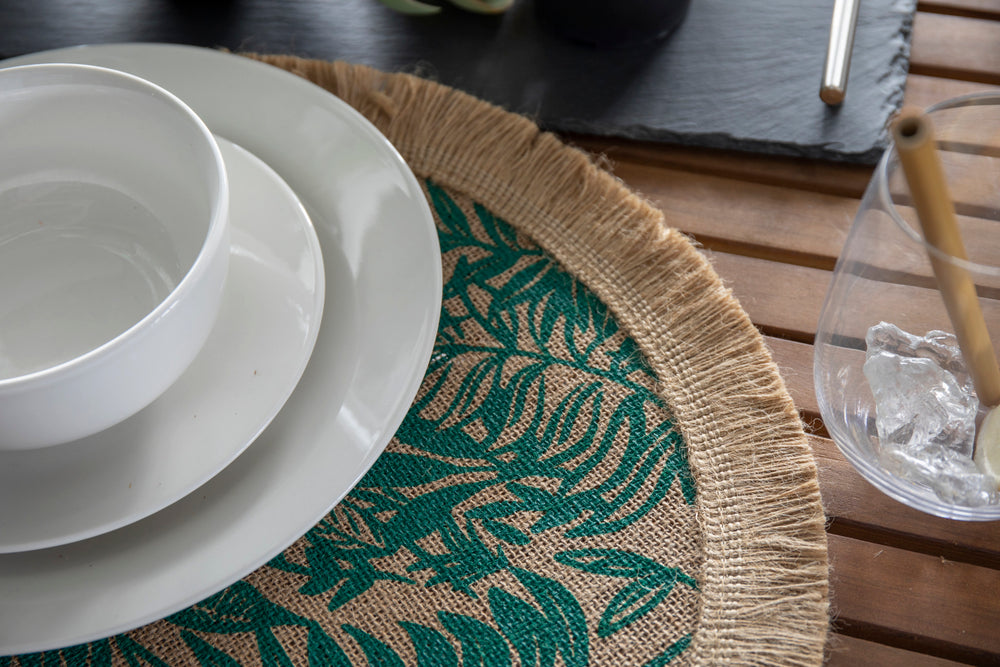 Creative Tops Round Hessian Placemats, Set of 4, Green Leaf Design, 43cm