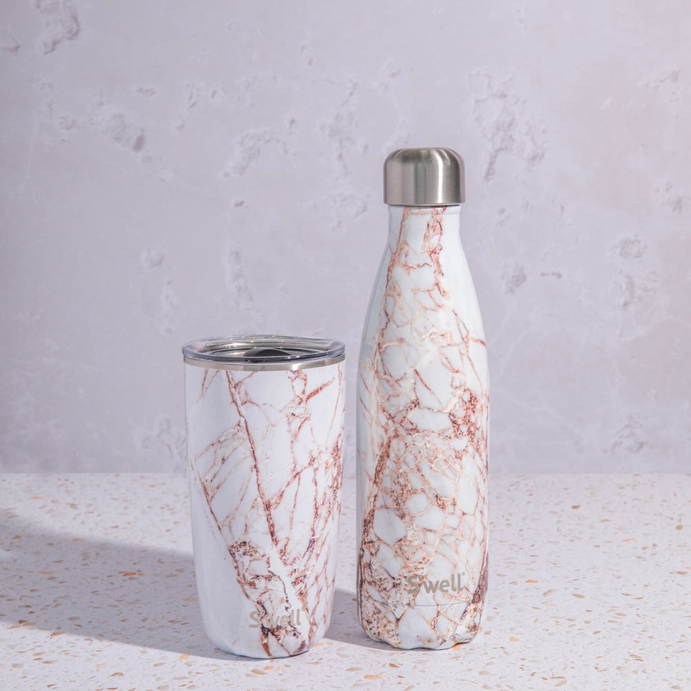 S'well 2pc Travel Cup and Bottle Set with Stainless Steel Water Bottle, 500ml and Drinks Tumbler, 530ml, Calacatta Gold