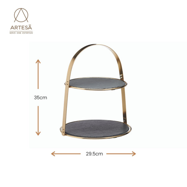 Artesá 2-Tier Brass Cake Stand with Round Slate Serving Platters image 6