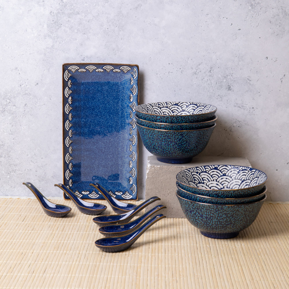 13pc Blue Porcelain Dining Set with 15.5cm Serving Platter, 6x 16cm Rice Bowls and 6x Rice Spoons - Satori