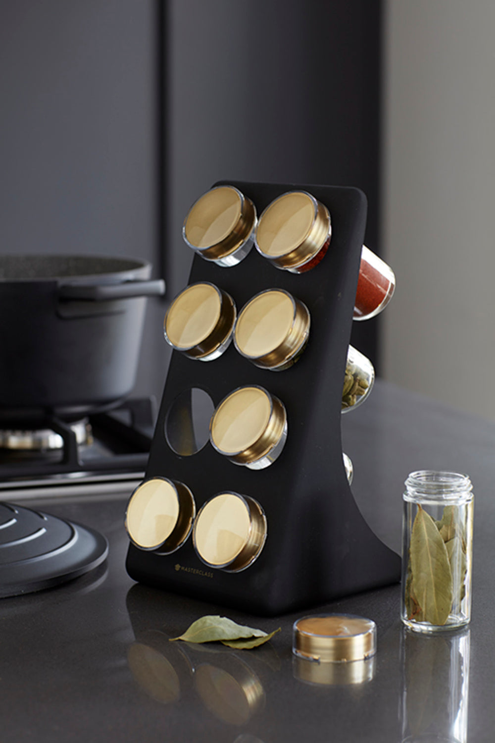 MasterClass Eight Jar Spice Rack with Matt Black and Brass Finish
