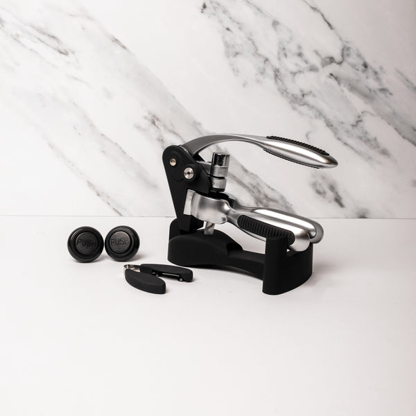4pc Wine Accessories Set with Lever Arm Corkscrew, 2x Vacuum Bottle Stoppers and Twist Action Foil Cutter Wine image 2