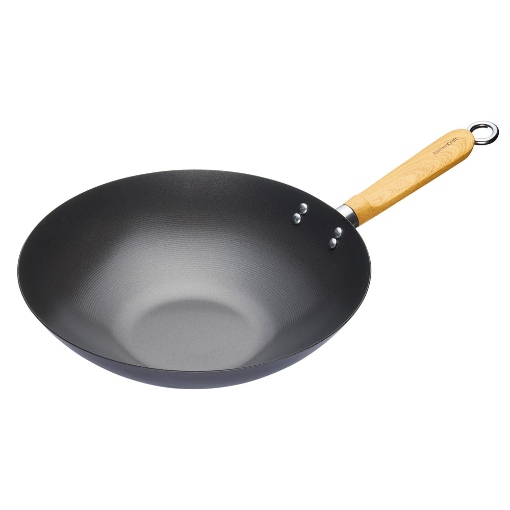 KitchenCraft World of Flavours Oriental Carbon Steel Non-Stick Wok, 25cm