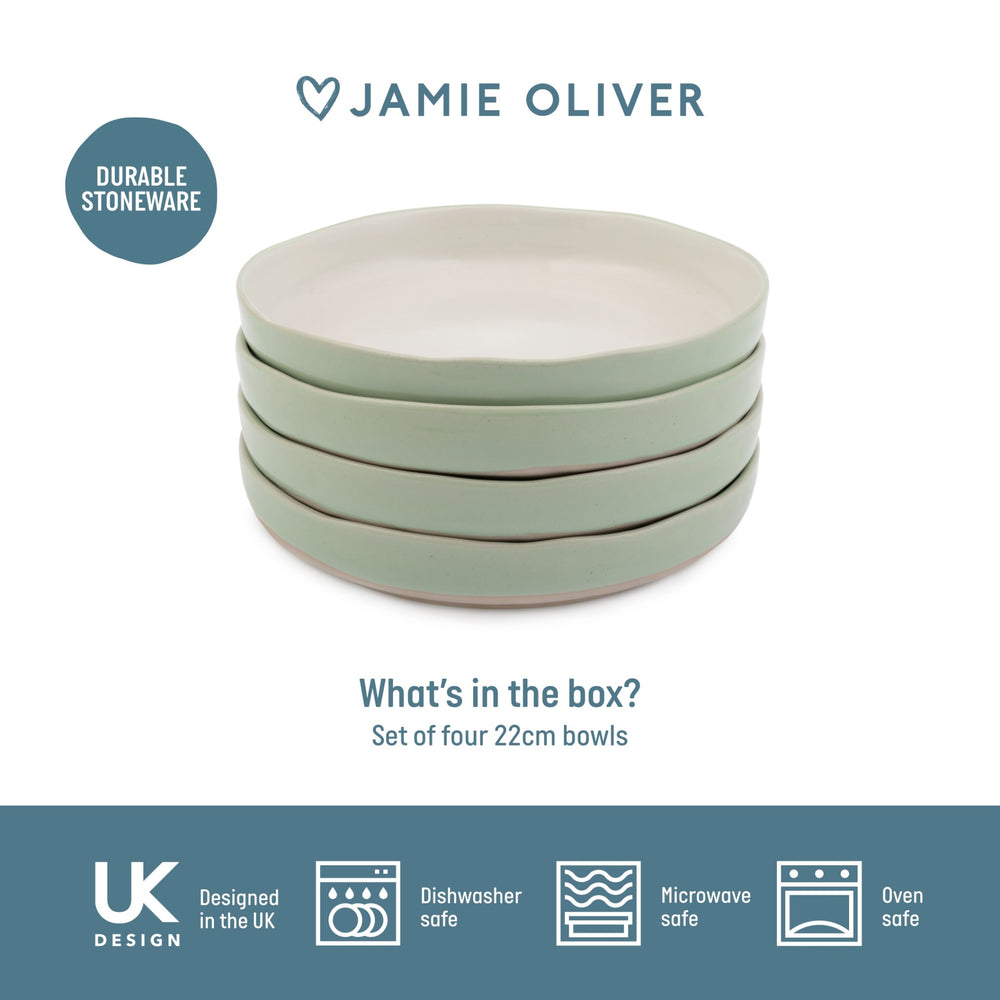 Jamie Oliver Big Love Dishy Bowls, Stoneware, Set of 4, Green, 22cm