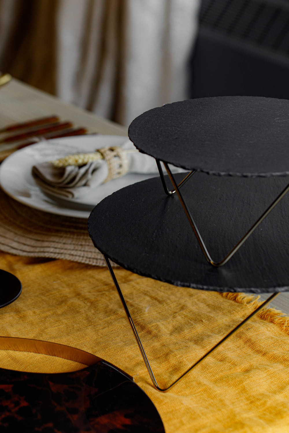 Artesà Tiered Serving Stand, 2 Slate Platters with Raised Metal Legs