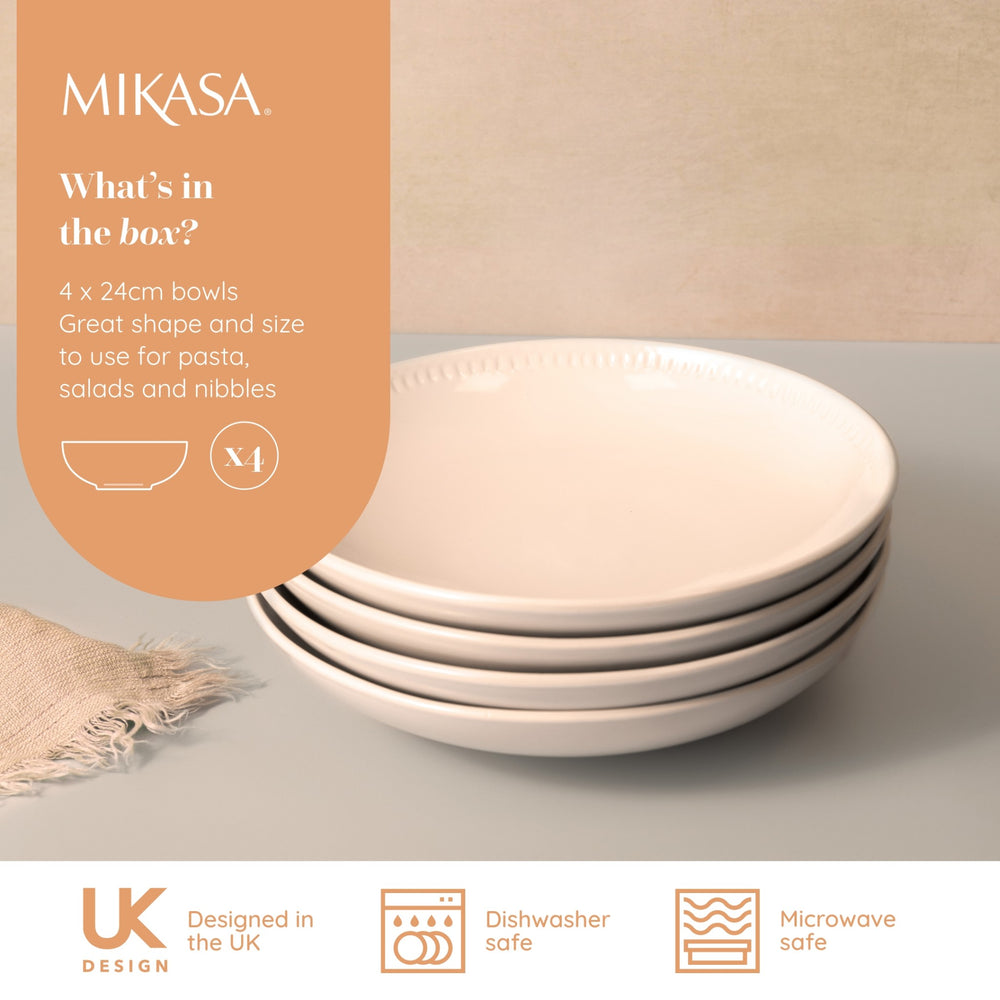 Mikasa Cranborne Stoneware Pasta Bowls, Set of 4, 24cm, Cream
