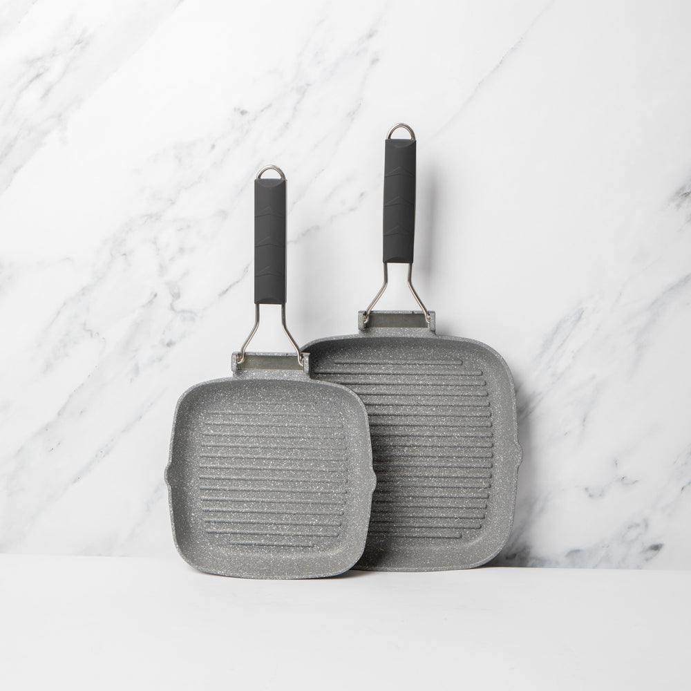 2pc Induction-Safe & Non-Stick Cast Aluminium Grill Pan Set with Folding Handles, 20cm and 24cm