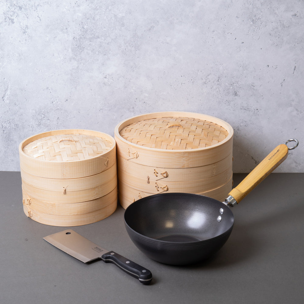 4pc Oriental Cooking Set with Carbon Steel Non-Stick Wok 20cm, 2x Bamboo Steamers, Medium & Large and Stainless Steel Cleaver