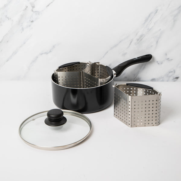 4pc Cooking Set Including Can-to-Pan Non-Stick Saucepan with Lid and 3x Stainless Steel Saucepan Divider Baskets image 2