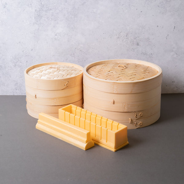 3pc Oriental Cooking Set with 2-Tier Medium Bamboo Steamer, 2-Tier Large Bamboo Steamer and Sushi Maker image 2