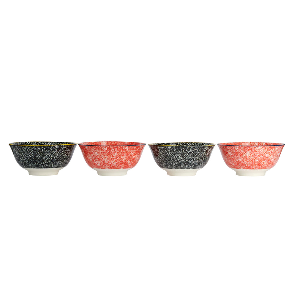 KitchenCraft Set of 4 Ceramic Cereal Bowls - 'Red and Black' Design