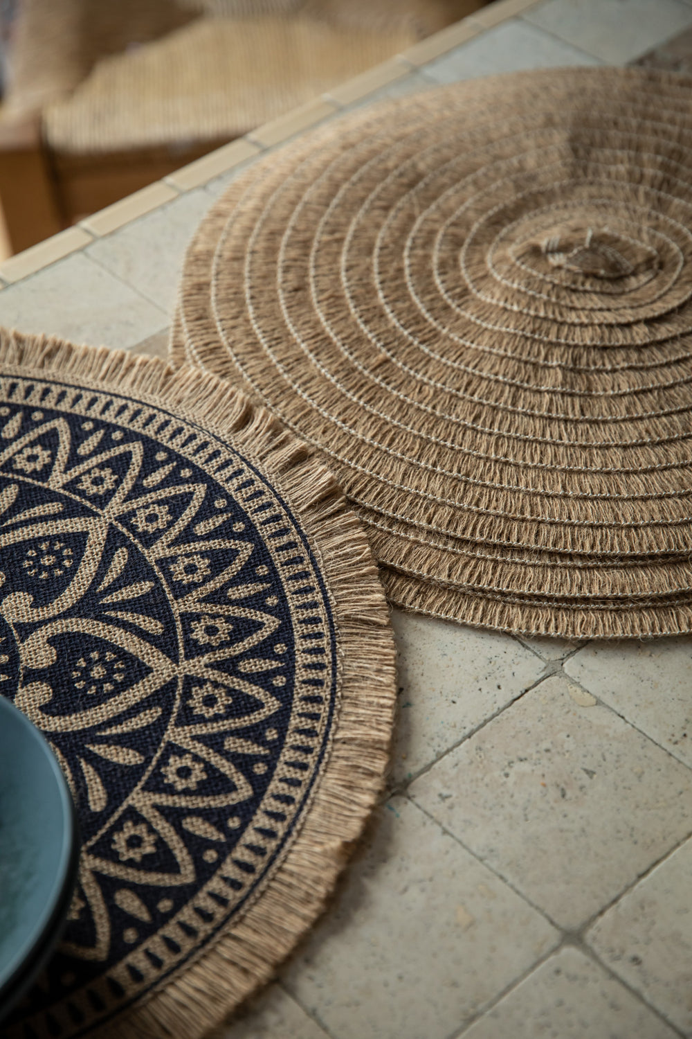 Creative Tops Set of 4 Jute Placemats with Mandala Design, Natural Printed Hessian - Blue