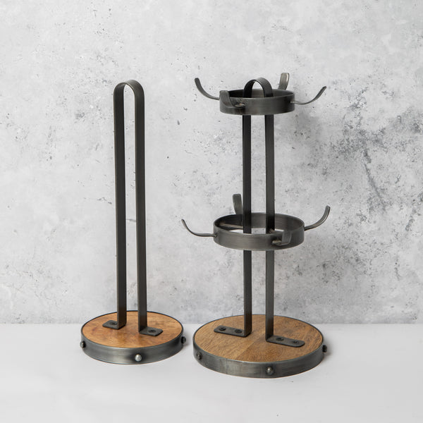 2pc Industrial Kitchen Mango Wood and Metal Kitchenware Set including 32cm Mug Tree and 31cm Kitchen Towel Holder image 2