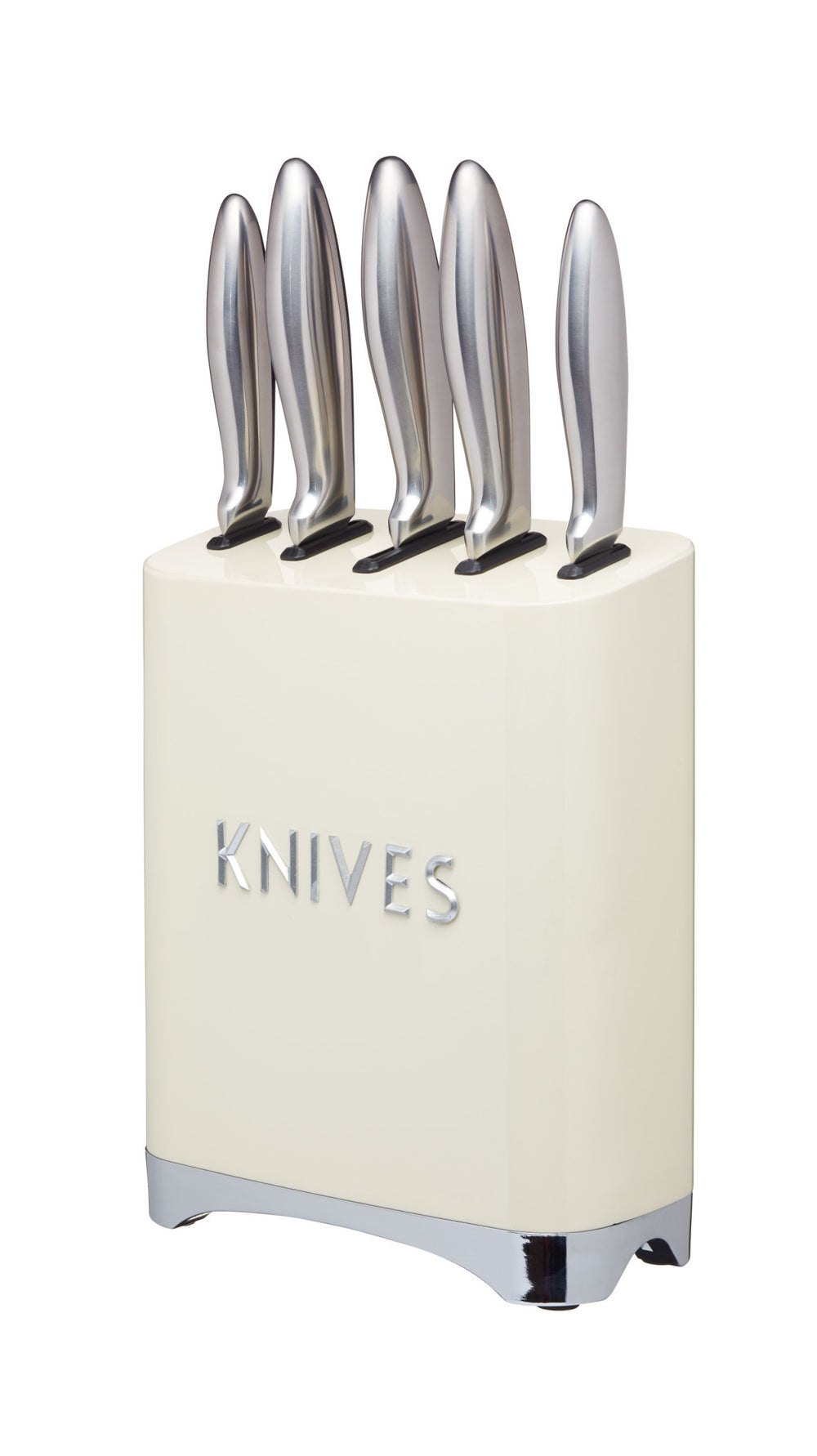 5pc Vanilla Cream Kitchenware Set including Five Stainless Steel Knives with a Metal Storage Block and Sink Tidy