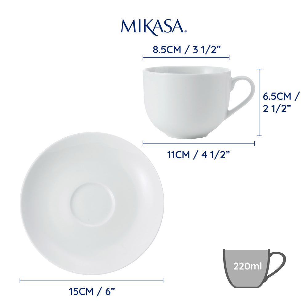 Mikasa Chalk Porcelain Teacup and Saucer Set, Set of 2, 220ml, White