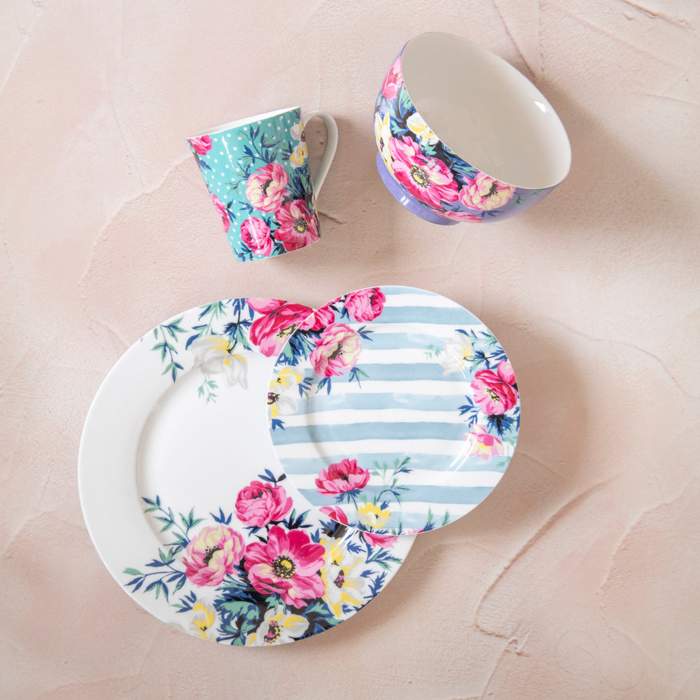 16pc Floral Porcelain Dining Set with 4x 26cm Dinner Plates, 4x 19cm Side Plates, 4x 19cm Bowls and 4x 330ml Mugs - Clovelly