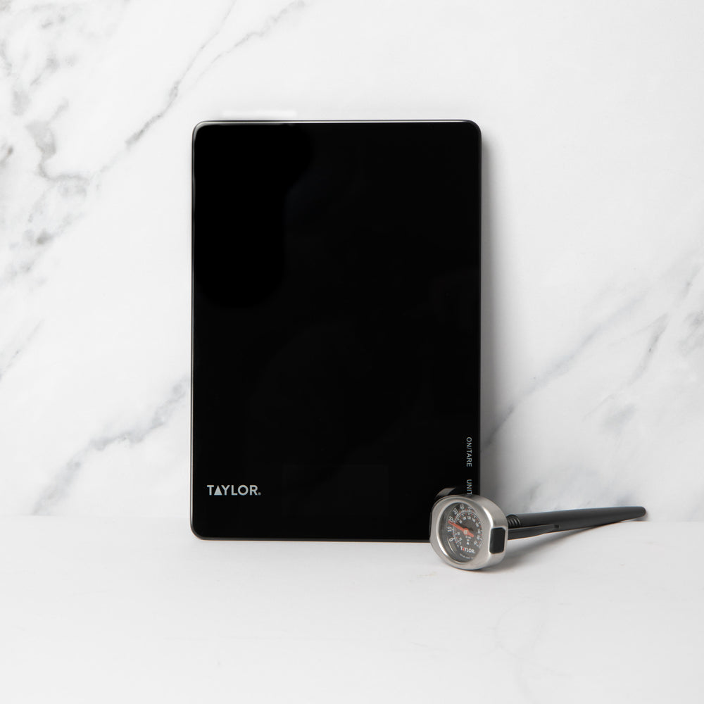 2pc Kitchen Tools Set including Black Glass Digital Kitchen Scales 5kg and Stainless Steel Instant Read Probe Thermometer