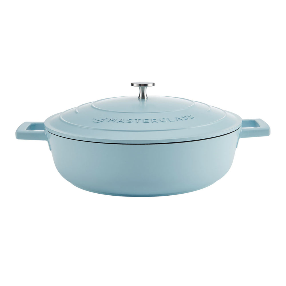 MasterClass Sky Blue Cast Aluminium Shallow Casserole Dish with Lid, 4 L