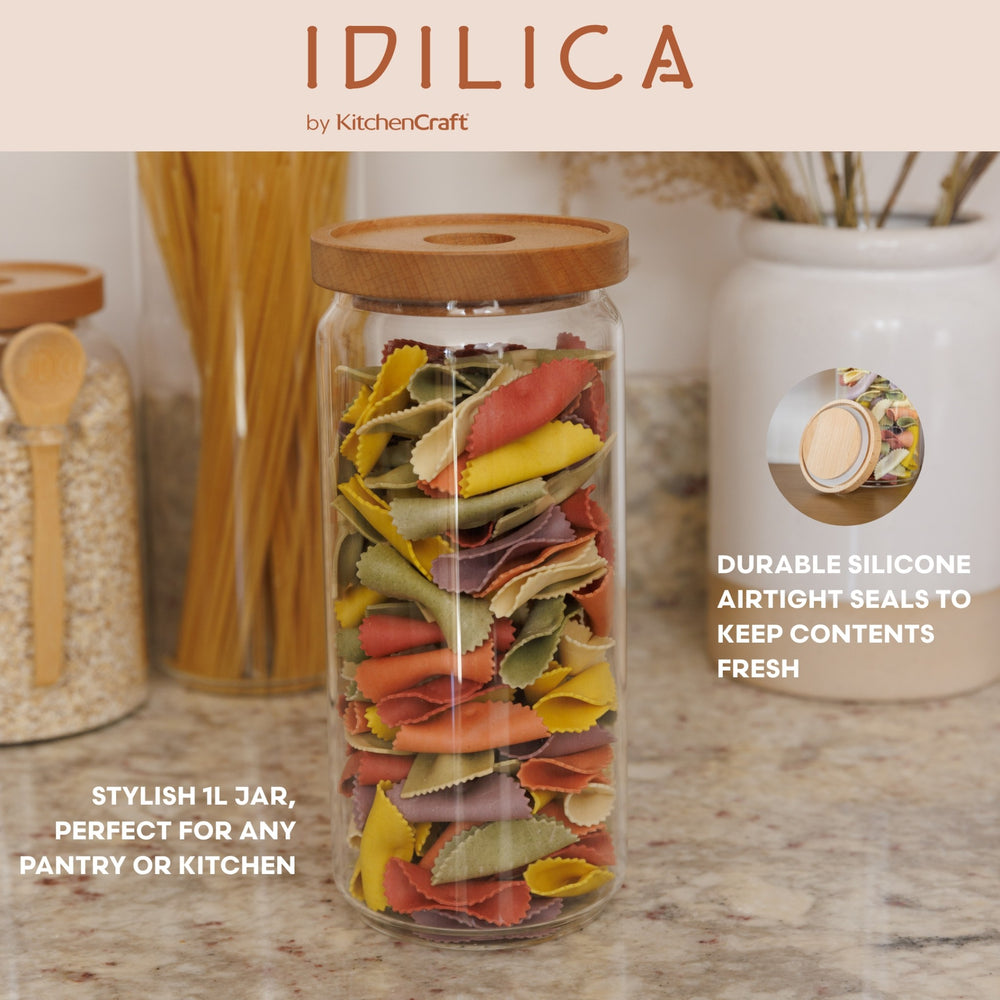 KitchenCraft Idilica Glass Storage Jar with Beechwood Lid, 1000ml