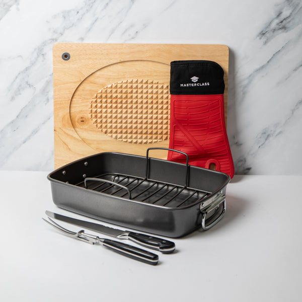 5pc Roasting Set with Non-Stick Roasting Tin & Rack, Carving Fork & Carving Knife, Wooden Carving Board and Silicone Oven Glove image 2