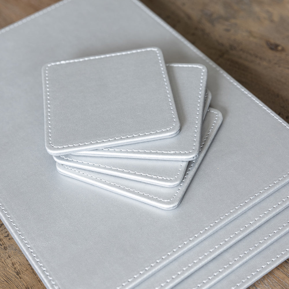 Creative Tops Naturals Premium Pack Of 4 Stitched Edge Faux Leather Placemats Metalic Silver