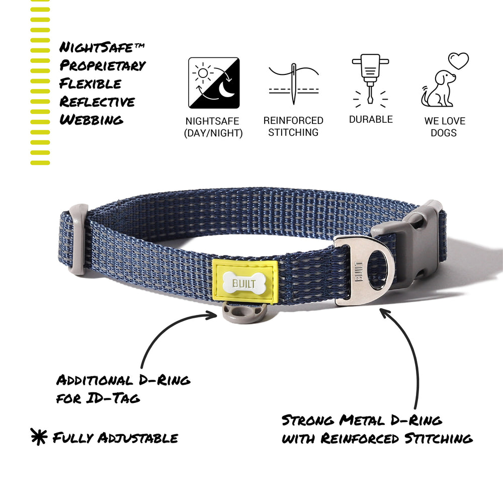 BUILT PET Large Night Safe Reflective Collar - Blue