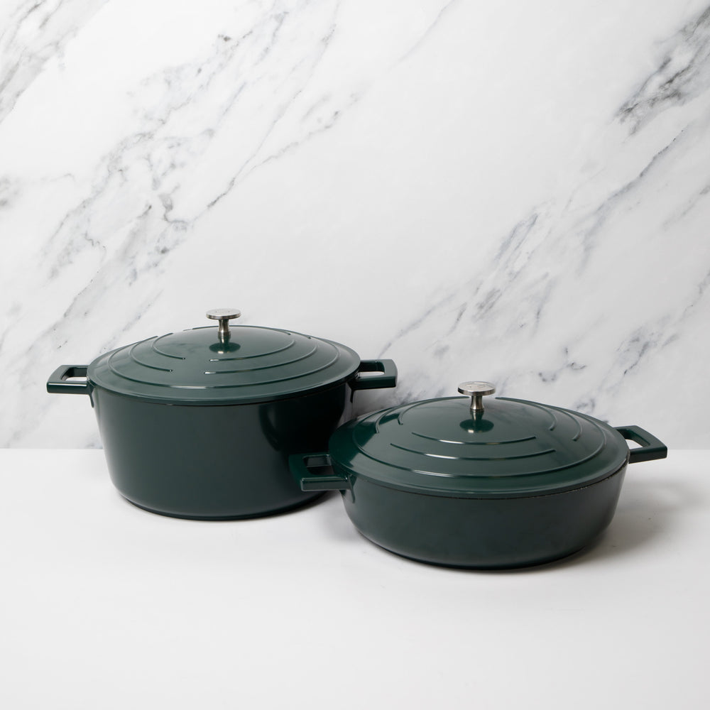 MasterClass Set of Gift-Boxed Cast Aluminium Shallow Casserole Dishes, 28cm/4 Litre, 28cm/5 Litre, Hunter Green