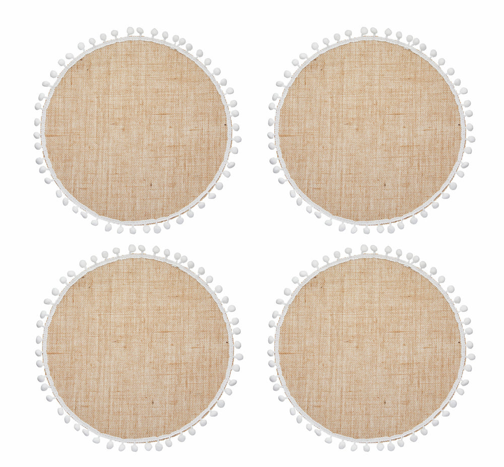 Natural Elements Set of 4 Woven Hessian Placemats with Pom Pom Decorations