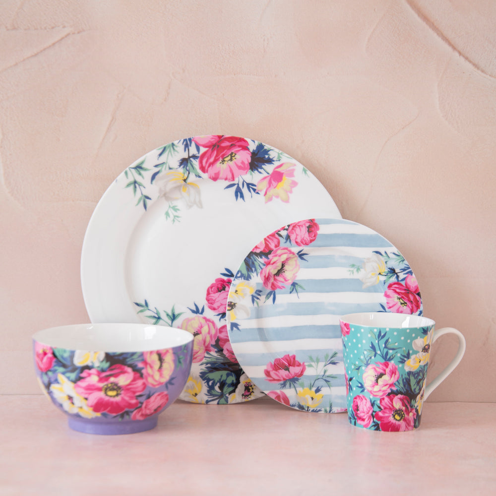 16pc Floral Porcelain Dining Set with 4x 26cm Dinner Plates, 4x 19cm Side Plates, 4x 19cm Bowls and 4x 330ml Mugs - Clovelly