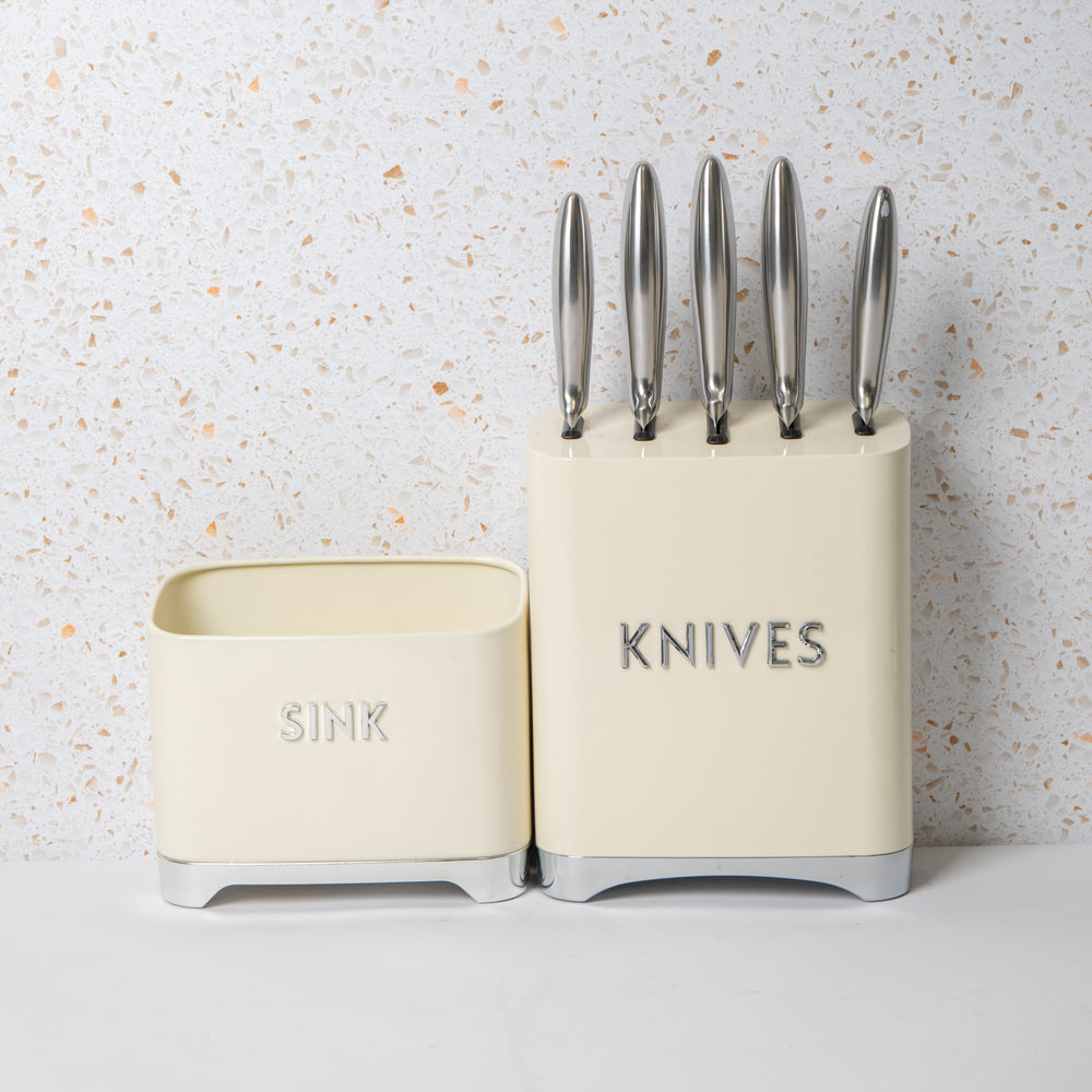 5pc Vanilla Cream Kitchenware Set including Five Stainless Steel Knives with a Metal Storage Block and Sink Tidy
