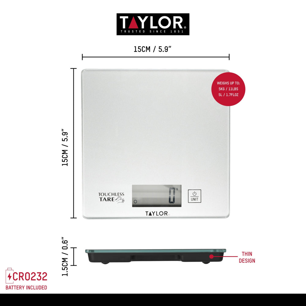 Taylor Pro Compact Digital Kitchen Scales with Touchless Tare in Gift Box, Glass / Plastic - Silver